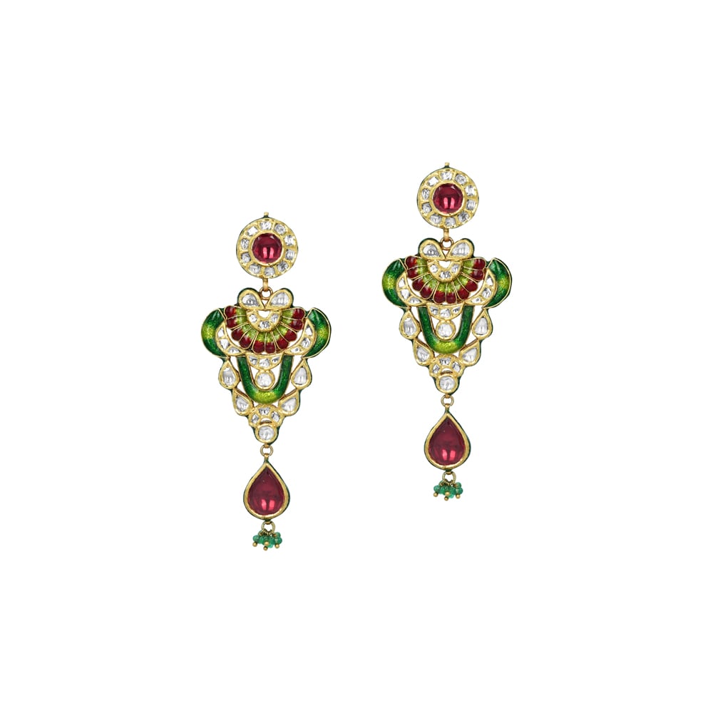 Polki Earrings with Red-Green Enamel, Rhodolite, and Emerald Beads
